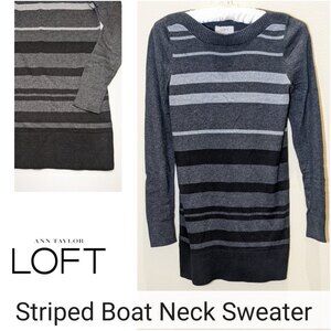 LOFT Striped Black & Grey Boat Neck Tunic Cotton Sweater